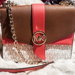 Michael Kors Brown and Coral Crossbody Bag